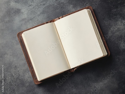 Open notebook, diary, template on desk, clean, white pages, sheets, with free space for text, on light wood desk, top view, photo, presentation, advertisement, contacts, announcement, 