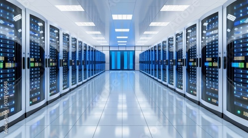 Modern Server Room Infrastructure with Neatly Organized Racks and Cables under Soft White Lighting for Tech-Savvy Environment