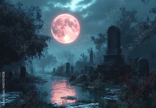 a pink moon over a cemetery