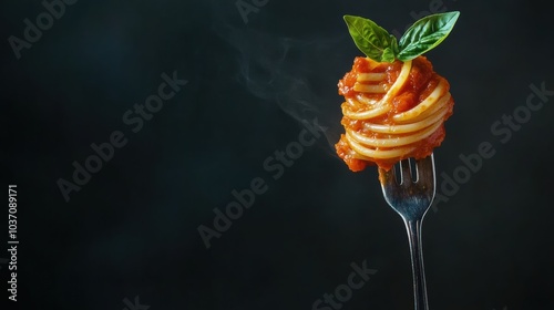 A metal fork holds perfectly twirled spaghetti coated in savory tomato sauce, garnished with a fresh basil leaf for added flavor. Generative AI