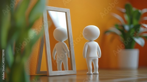 Introvert Shyness Figure standing in front of a mirror, hesitant posture, reflecting shyness, 3D illustration, no face