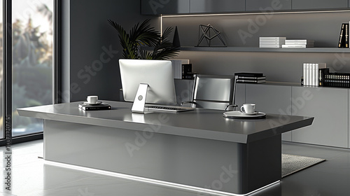 A gray office table with a state-of-the-art laptop, some property regularization office objects.