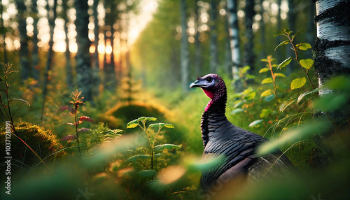 Wild Turkey Walking in Underbrush of Forest with Wide Aperture and Copy Space