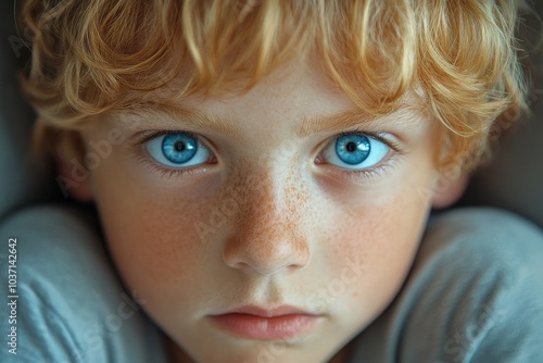 Close-up portrait of a young Caucasian boy with striking blue eyes and curly blond hair, exuding curiosity.