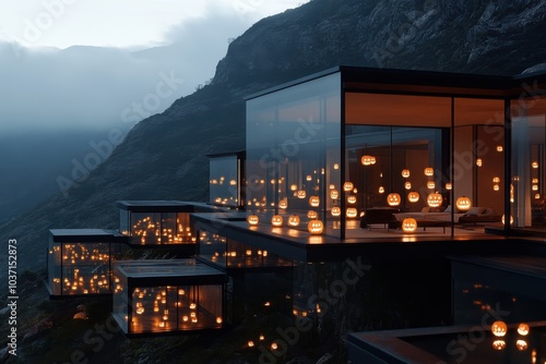 Nestled into a mountainside, glass houses glow with hundreds of illuminated jack-o'-lanterns, offering a unique blend of autumnal art and secluded modern living.