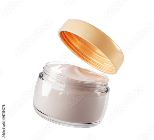 3d glass jar with cream, cosmetic transparent container mock up isolated on transparent background png render icon. Realistic open clear package with white beauty skincare product. 3D illustration