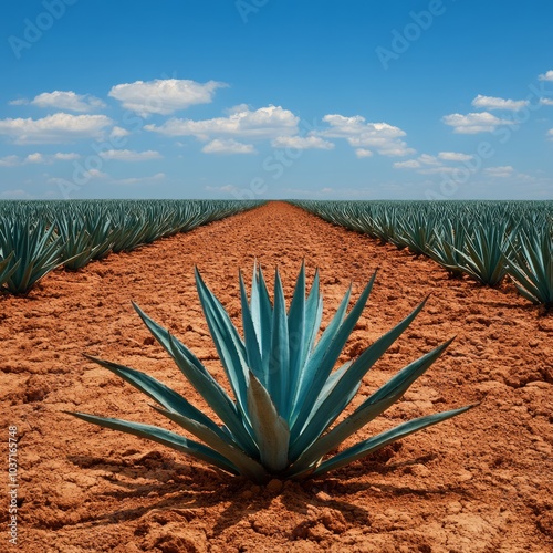 A vast field of agave plants under a blue sky with scattered clouds.