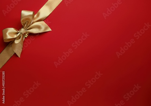 Golden ribbon is forming a bow on a red background for a christmas gift