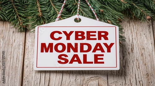 Festive Cyber Monday sale sign hanging against rustic wood and greenery, perfect for holiday shopping promotions and marketing.