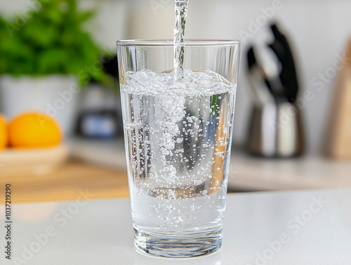 Filling up a glass with drinking water from kitchen tap 