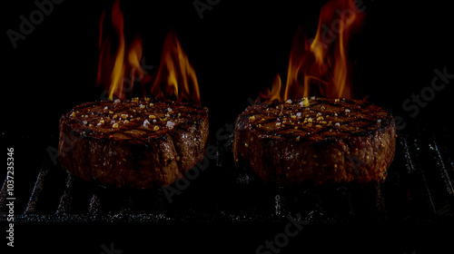 Two steaks on the grill with flames, digital photograph, black background.