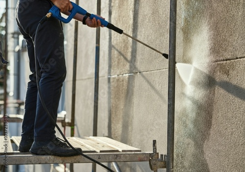 Construction worker is cleaning a facade using a high pressure water jet