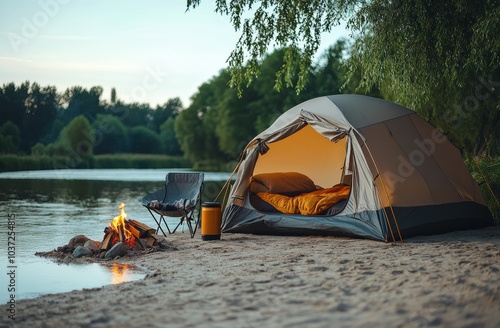 Cozy camping setup beside a river at dusk with a warm fire and comfortable seating