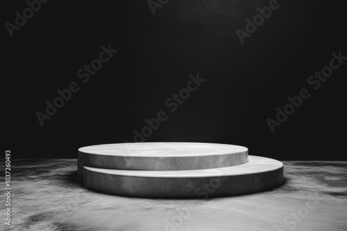 A sleek black marble pedestal stands alone against a dark backdrop, showcasing minimalist design and elegance in a contemplative space