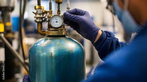 A metrology lab specialist handles a compressed gas cylinder for testing and verification, connecting the pressure gauge to analyze gas and check for leaks