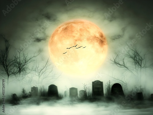 Haunting full moon illuminating a creepy graveyard ancient tombstones and cracked sarcophagi surrounded by dead trees wisps of fog drifting through the cemetery