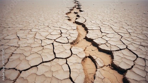 Dramatic Overhead View of Dried Cracked Earth Displaying Severe Drought Conditions in Desolate Landscape