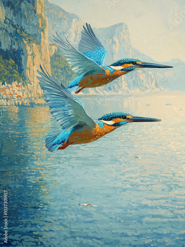 The Metamorphosis of Ceyx and Alcyone - birds, kingfishers, flying, nature, wildlife, lake, water, landscape, blue, orange, feathers, habitat, aquatic, serene, scenic, beautiful, environment