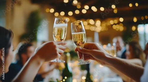 Wedding guests raising champagne glasses during a toast at the reception in a beautifully decorated venue