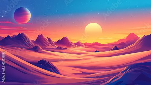 Alien desert landscape with setting sun and planetary skies. Alien Skies. Illustration