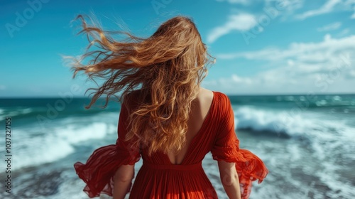 Facing the vastness of the ocean, a woman in a red dress embraces the breezy landscape, her hair cascading in the wind, capturing a moment of pure tranquility.