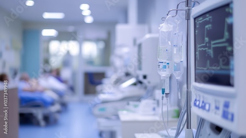 A focused view of hospital equipment in a patient care area, showcasing advanced monitoring systems and infusion pumps in a medical environment.