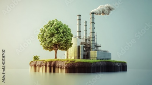 Modern power plant with tree, Green industry eco power for sustainable energy saving environmental plants