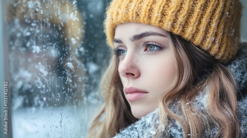 Winter depression - seasonal affective disorder mental health woman sad comtemplative looking out the window alone.