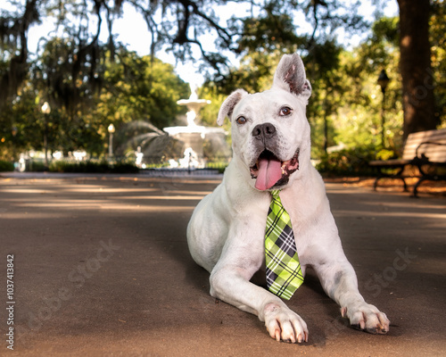 dog in front of savannah forsyth park fountain