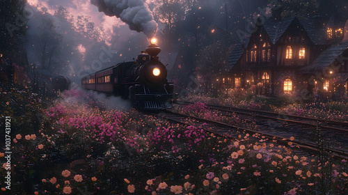 Whimsical Twilight Express Train Journey Through Charming Countryside with Vibrant Flowers