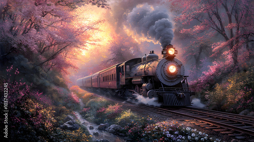 Whimsical Twilight Express Train Journey Through Charming Countryside with Vibrant Flowers