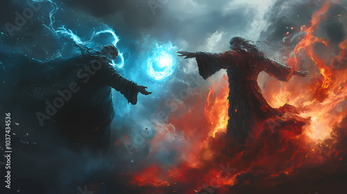 Wizards dueling with elemental magic at the edge of mystical realms. Elemental Wizard. Illustration