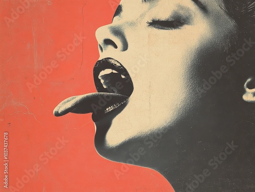 Pop art portrait of a woman with an open mouth and tongue extended against a bold red background.