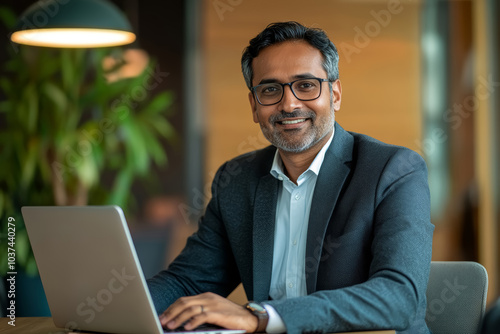 Middle-aged smiling Indian man sitting at desk using laptop. Happy busy professional businessman CEO manager working on computer corporate technology in office.