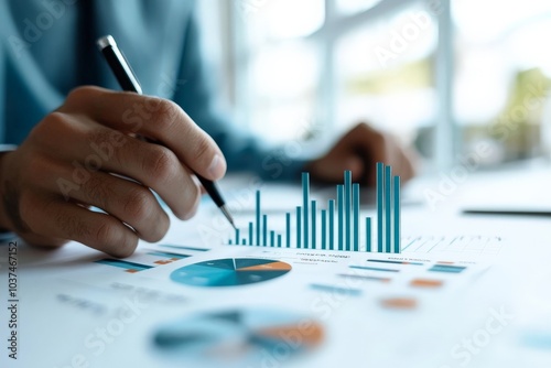 A close-up of a hand holding a pen, pointing at colorful financial charts and graphs on paper, representing data analysis and business strategy planning.