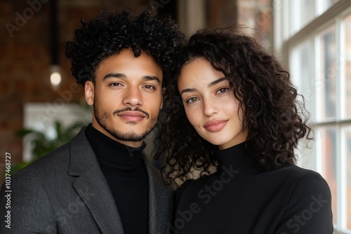 A joyful couple in a stylish urban environment shares a tender moment, embodying love, happiness, and togetherness against an urban, modern backdrop.