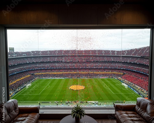 Luxurious Stadium View from Elegant Room with Leather Couches European Qualifiers Excitement