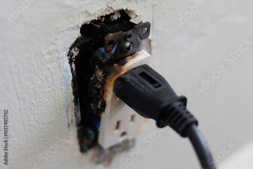 A close-up of a burnt electrical outlet with a plug still inserted, showing signs of damage from an electrical fire caused by faulty wiring. 