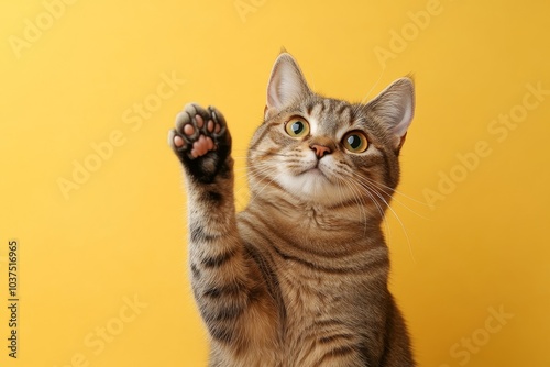 Portrait of adult fat cat raising paw up, sitting on yellow background, free space for your design or text, banner, Generative AI