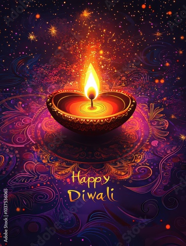  Diwali poster with a glowing diya at the center, surrounded by intricate rangoli designs in vibrant orange, magenta, and gold, symbolizing festivity and light.