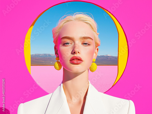 A fashion portrait of a model wearing a white jacket, set against a hot pink circular backdrop with a desert landscape in the background. Bold and avant-garde editorial concept.