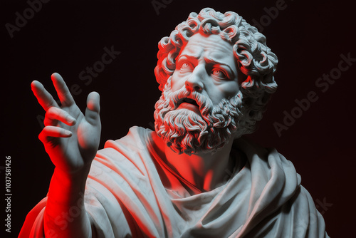 statue of Socrates, Plato, Aristotle, Pericles, Alexander the Great, Zeus, Heraclito in black background