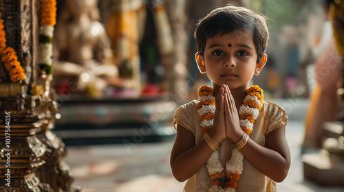 Portrait of devotee kid praying in mandir or temple, hindu culture