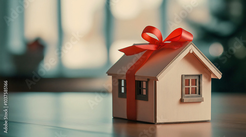 House home gift wrapped present with ribbon and bow, red accents symbolize giving, ownership dream realized, wrapped property with copy space