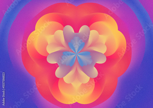 A vibrant abstract design featuring a symmetrical floral pattern with soft gradients of orange, pink, and blue against a purple background. Kaleidoscope with film grain effect