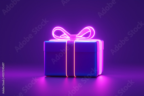 Neon gift box with a glowing bow. Illustration for cyber Monday. Online shopping concept. llustration for a hardware store.