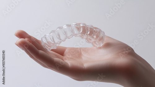 Clear retainers in hand on grey background