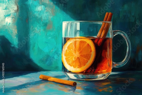 Vibrant Still Life with Orange Spice Tea in Artistic Brush Stroke Style