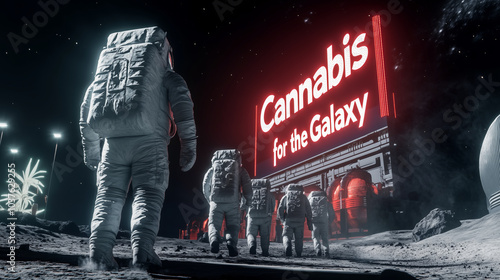 Astronauts Walking Towards Neon-Lit Cannabis Shop on Moon