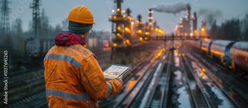 A worker in a hard hat and safety vest uses a tablet to oversee operations at a large industrial facility with railroad tracks, pipes, and structures.